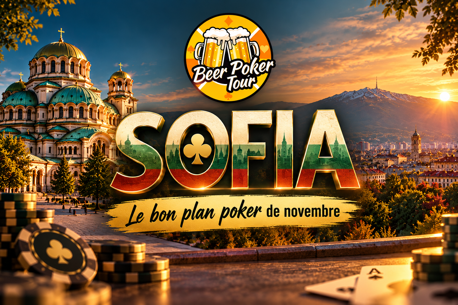 Beer Poker Tour Sofia 2026, avec vue de Sofia, jetons de poker et identité visuelle du festival