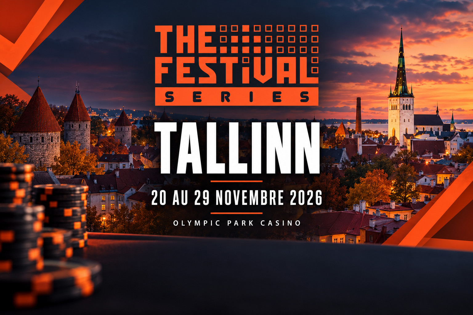 The Festival Tallinn, du 20 au 29 novembre 2026 à l’Olympic Park Casino, sur fond de vieille ville et de jetons de poker.